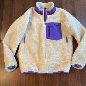Patagonia Kids Cream Sherpa Jacket with Purple Pocket Trim